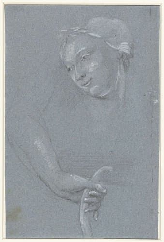 Studieblad met vrouwenkop en een hand met een boog by anonymous