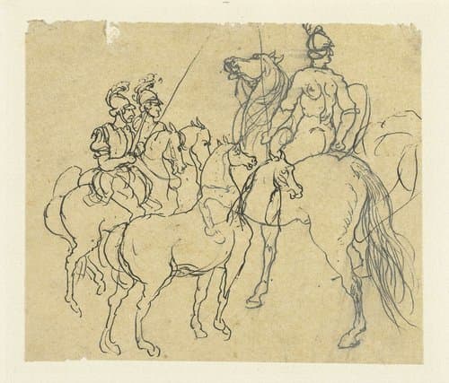 Studieblaadje met ruiters en paarden by Rodolphe Bresdin