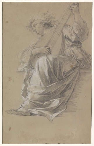 Zittende luitspelende engel by Simon Vouet