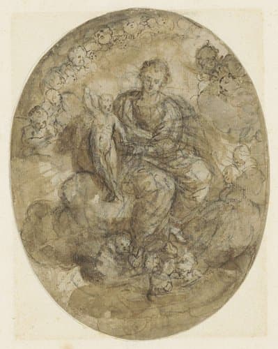 Madonna met kind tussen engelen op de wolken by Jerónimo Jacinto Espinosa