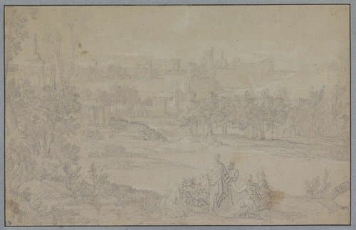 Landschap met groep personen op de voorgrond by anonymous