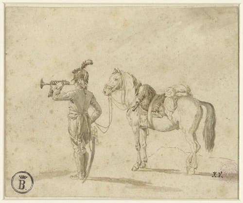 Trompetter naast paard by Horace Vernet