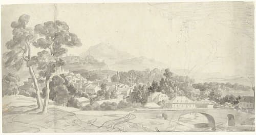 Landschap met een stad bij een brug by Charles Joseph Natoire
