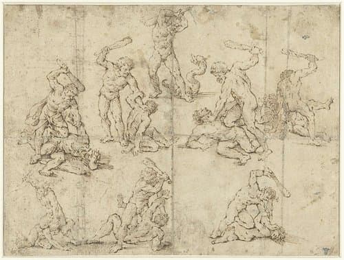 Acht studies van een vechtende Hercules by Raffaele da Montelupo
