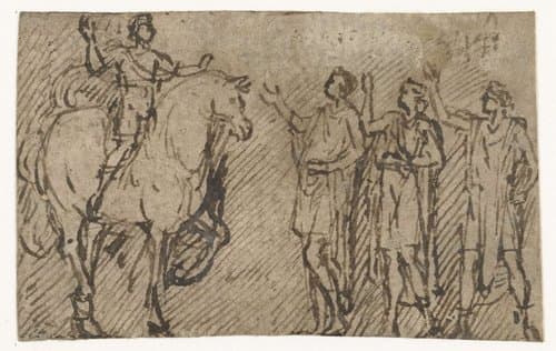 Generaal te paard wordt door drie mannen begroet by Lambert Lombard