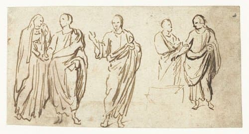 Vijf figuren in toga's nemen afscheid by Lambert Lombard