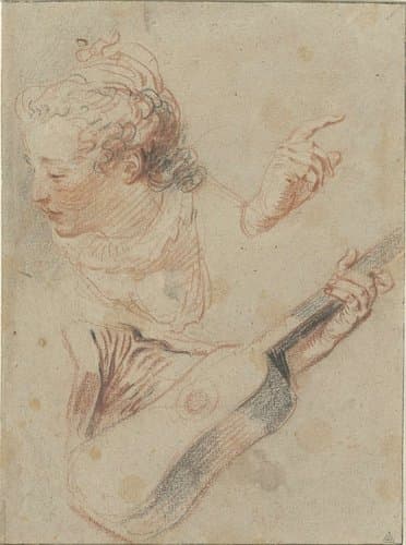 Study Sheet with a Girl’s Head, a Hand, and an Arm Holding a Guitar by Jean Antoine Watteau