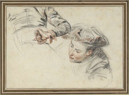 Manskop met baret en een hand aan een gevest by Jean Antoine Watteau