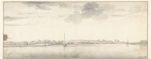 Uitgestrekt riviergezicht met schepen op kalm water by Aelbert Cuyp