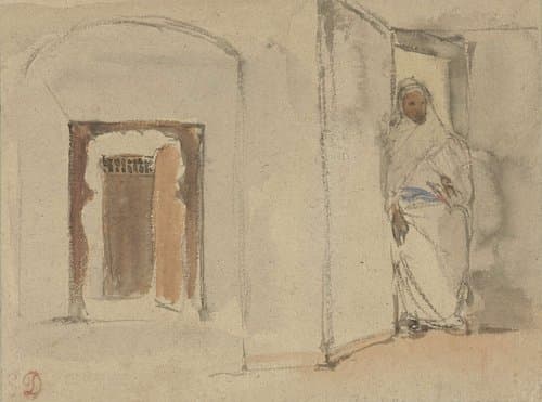 Arabier voor de deur van zijn woning by Eugène Delacroix