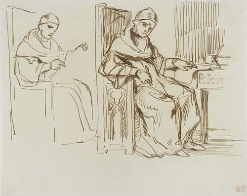 Twee schetsen van een zittende geestelijke by Eugène Delacroix