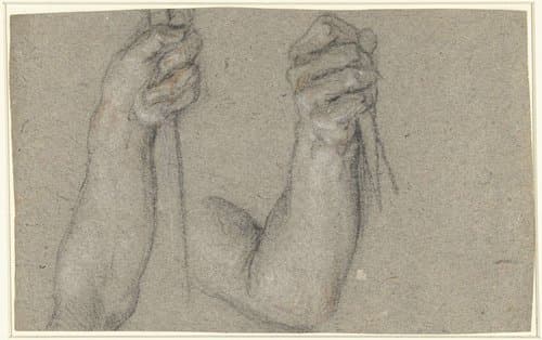 Studieblad met twee handen aan een staf by anonymous