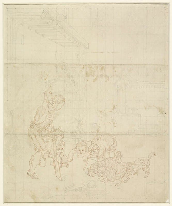 Kinderen met honden op zoek naar een dier in de grond by Gottfried Mind