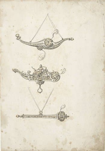 Drie ontwerpen voor hangers in de vorm van pijpjes by Erasmus Hornick