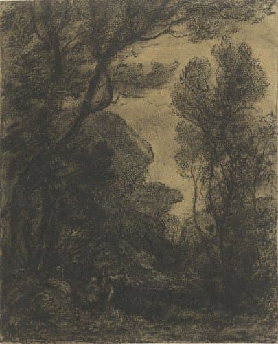 Bosgezicht bij avond by Camille Corot