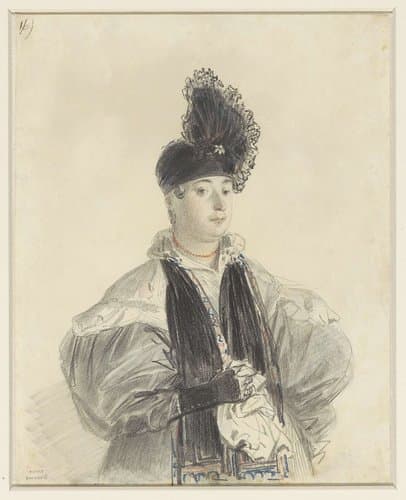 Portret van een staande dame met zwarte shawl en zwarte hoed by Denis Auguste Marie Raffet