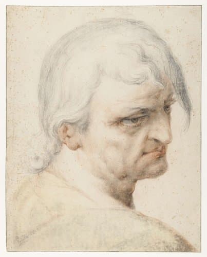 Kop van een man die over zijn rechter schouder kijkt, in driekwart naar rechts by Jan Harmensz. Muller
