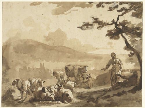 Berglandschap met herders bij hun kudde schapen en koeien by Karel du Jardin