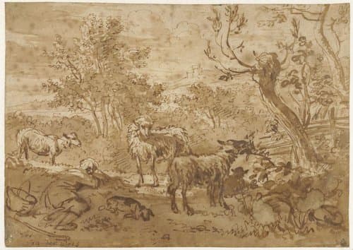 Sleeping Shepherd with Four Sheep by Simon van der Does
