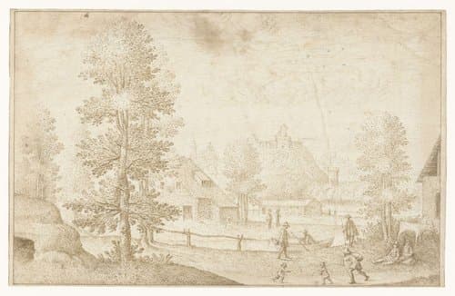 Gezicht op een dorp aan het water by Hans Bol