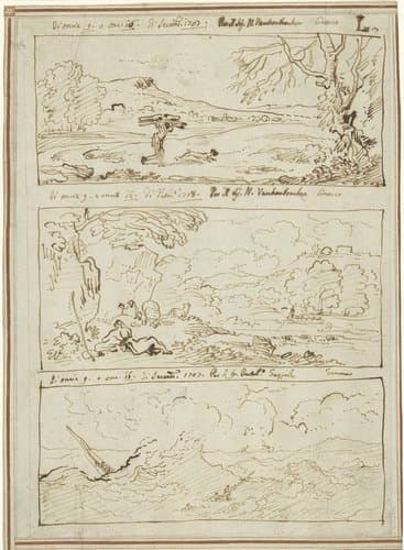 Ricordi van drie deurstukken met landschappen en een zee by Carlo Antonio Tavella
