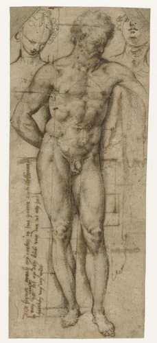 Studie van een naakte man (Hercules?) en twee hoofden van vrouwen by Denys Calvaert