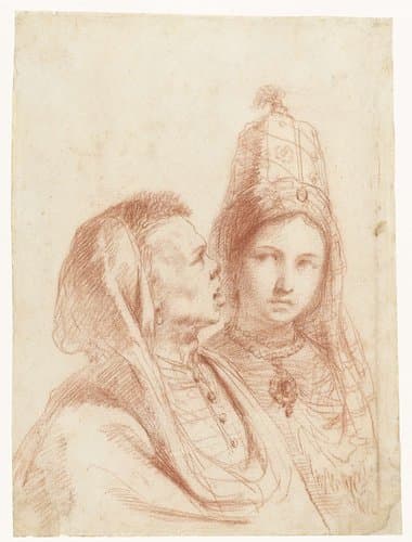 Borstbeelden van een man en een vrouw in Zuid-Oost Europese kostuums by Guercino