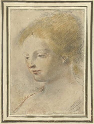 Hoofd van een jonge vrouw, met neergeslagen blik by Guercino