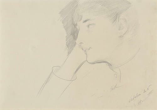 Kop van een peinzende dame met het hoofd op de hand gesteund by Paul César Helleu