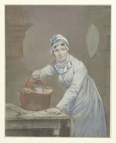Dienstmeisje giet melk in een pan by Jean Baptiste Mallet