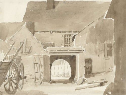 Inrit van een groot dorpshuis by Pierre Luc Charles Cicéri