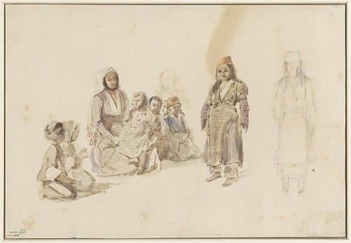 Studieblad met zittende vrouw en kinderen by Denis Auguste Marie Raffet