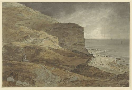 Rotsige zeekust met rustende man by George Barret (II)
