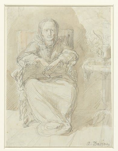 Zittende oude dame naast een tafel by Alfred Darjou