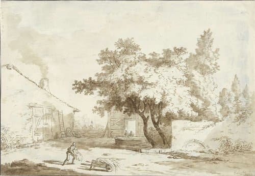 Boerenhoeve met grote bomen en mensen