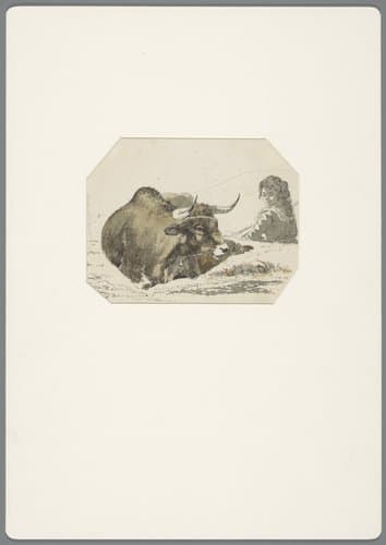 Herdersmeisje zittend achter een liggend rund by David Alphonse de Sandoz-Rollin