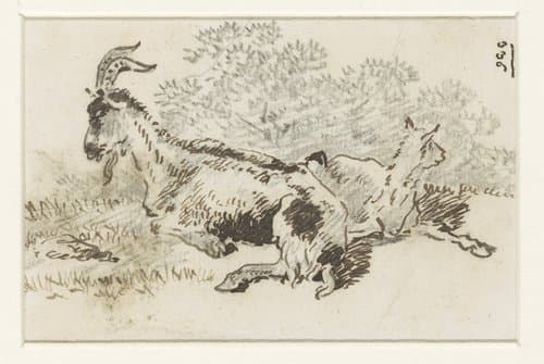Geit en jong in een landschap by David Alphonse de Sandoz-Rollin