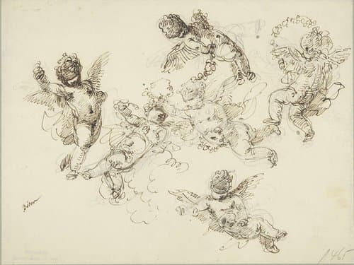 Zes zwevende engeltjes met bloemenkransen by Giuseppe Bernardino Bison