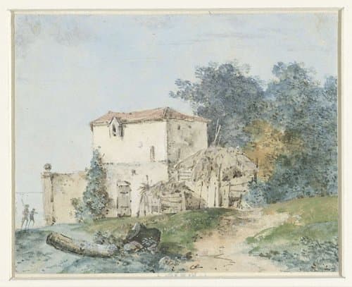 Buitenhuis in een landschap by Louis Gabriel Moreau