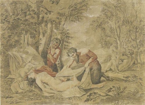 Twee saters bespieden een slapende nimf by Jean Antoine Watteau