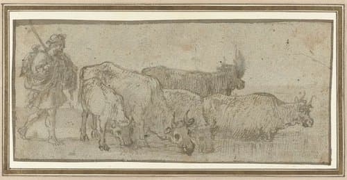 Herder met zijn kudde runderen bij een wed by Claude Lorrain