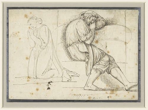 Studieblad met een slapende jongeman en een geknield biddende vrouw by John Flaxman (II)