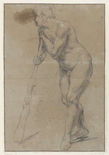 Studie van een naakte man die op een knots leunt by Antonio Carracci
