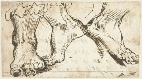 Drie studies van een voet by Agostino Carracci