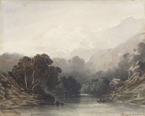 Bergmeer in de schaduw van donker geboomte, erachter lichte heuvels en sneeuwtoppen by Ernest Cicéri