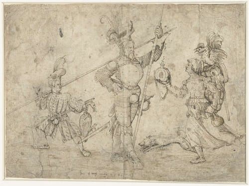 Allegorische voorstelling met hellebaardier by Monogrammist AM (tekenaar 16e eeuw)