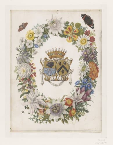 Alliantiewapen van Cornelis Calkoen en Maria van der Merct in een krans van bloemen