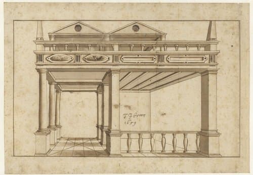 Constructietekening in perspectivisch doorzicht van een gallerij by Teunis Jansz Croon