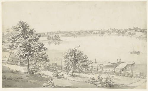 Gezicht op een breed water in de bergen met figuren op de voorgrond by Johan Eric Rehn