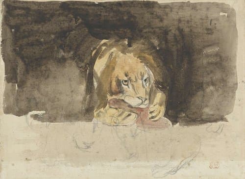 Vleesetende leeuw, van voren gezien, uitkomende tegen een donker fond by Eugène Delacroix